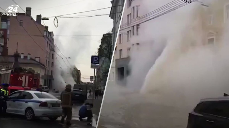 In St. Petersburg schlägt eine riesige Säule kochenden Wassers unter dem Asphalt hervor: heiß video