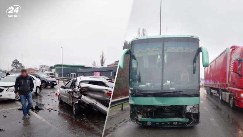 Ein Großunfall – Kollision mit einem Bus und 9 Autos auf der Schytomyr-Autobahn: Video vom Unfallort