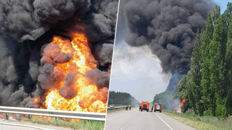 Ein Tankwagen ist in der Region Kiew umgekippt und explodiert: Ein großes Feuer ist ausgebrochen