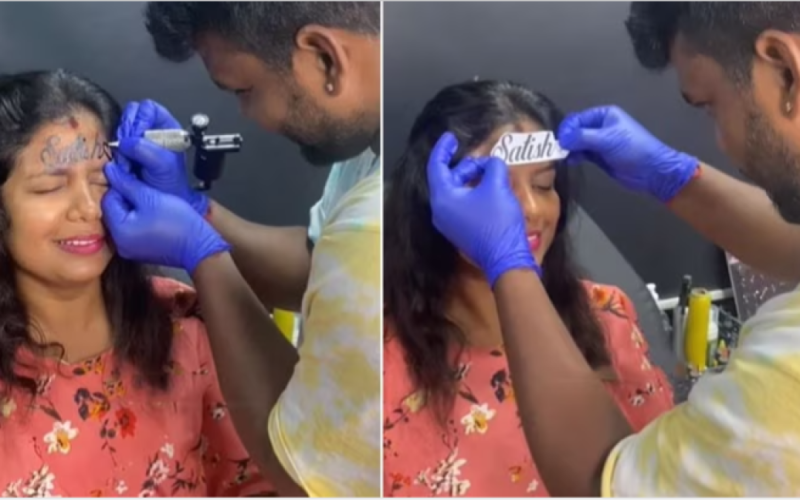 Frau auf der Stirn tätowiert mit dem Namen eines geliebten Menschen“ /></p>
<p><strong>Der Gesichtsausdruck des Mädchens veränderte sich schnell, als der Tätowierer die Nadel nahm, um permanente Tinte aufzutragen.</strong> </p>
<p> Verliebte Menschen wählen oft einzigartige Wege, um ihre Bindung an einen Partner auszudrücken. Jemand macht teure Geschenke und jemand zeigt seine Liebe mit kulinarischen Köstlichkeiten. Doch eine Frau aus Bengaluru, einer Stadt im Süden Indiens, wagte einen riskanten Schritt, um ihren Mann zu beeindrucken. Sie beschloss, sich den Namen ihrer Geliebten auf die Stirn tätowieren zu lassen.</p>
<p>Das Netzwerk hat ein Video über den Tätowiervorgang verbreitet.</p>
<p>Der Mann des verliebten Mädchens ist namens Satish. Also zeichnet der Tätowierer zunächst diesen Namen auf Papier und befestigt dann die Schablone auf der Stirn des Kunden.</p>
<p>Zuerst sieht sie zufrieden aus, aber ihr Gesichtsausdruck ändert sich schnell, als der Tätowierer beginnt, die Nadel zum Auftragen zu verwenden permanente Tinte. Der Tätowierer setzt den Prozess fort, obwohl die Frau ihn wegen unerträglicher Schmerzen daran hindern wollte.</p>
<p>Das Video wurde auf Instagram von einem Tattoo-Studio aus Bengaluru namens King Maker Tattoo Studio gepostet. Es hat Hunderttausende Aufrufe von Instagram-Nutzern erhalten und diese Zahl wächst weiter.</p>
<p> <iframe width=