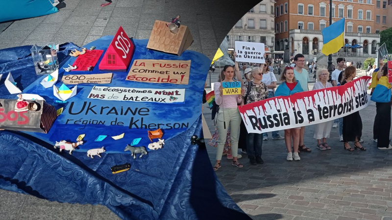 "Stoppt den Völkermord an der Ukraine": Nach der Explosion des Wasserkraftwerks Kachowskaja Ukrainer in Frankreich protestierten