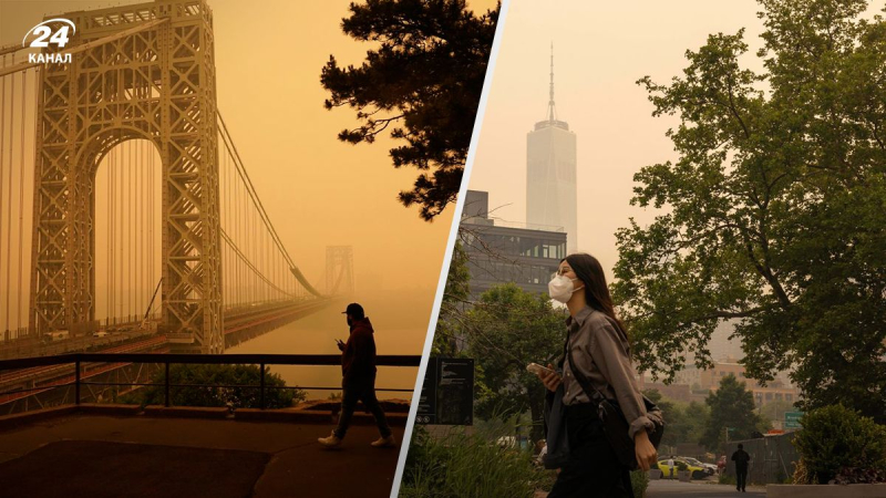 New York ist in beißenden Rauch gehüllt: Der Himmel hat sich orange verfärbt, Schutzmasken werden gereicht heraus an die Bewohner“ />< /p><source _ngcontent-sc92=