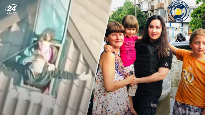 Eine Frau mit Kindern, die von einem Dach in Oleshki gerettet wurde, ist bereits an einem sicheren Ort: emotionale Fotos 