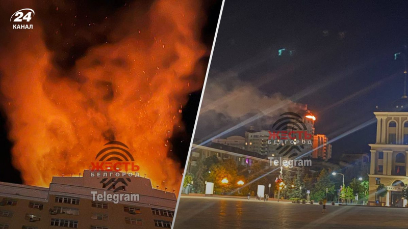 Fragmente eines brennenden Daches fallen auf den Bürgersteig: In Belgorod hat ein Hochhaus Feuer gefangen 