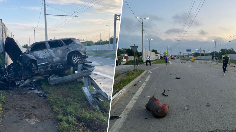 Ein Auto explodierte auf der Krim auf der Autobahn Jewpatoria: Es wurde so geschleudert, dass es Beton durchbrach Zaun