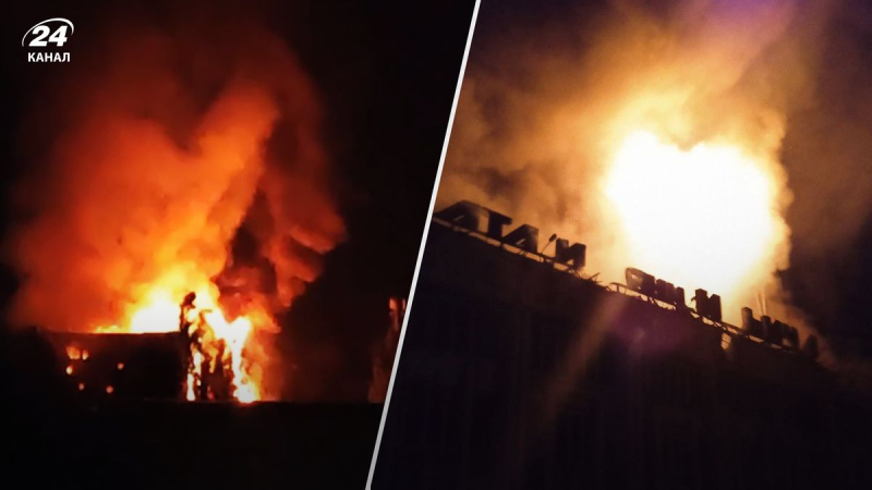 Mitten in der Nacht – das Leuchten ist wie am Tag: Der Kulturpalast ist kraftvoll brennend in Mariupol