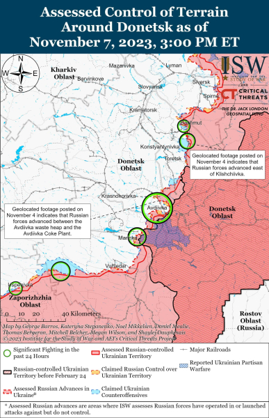 Karte der Kampfhandlungen vom 8. November 2023 – Lage an der Front“/></p>
<p>ISW< p><img decoding=