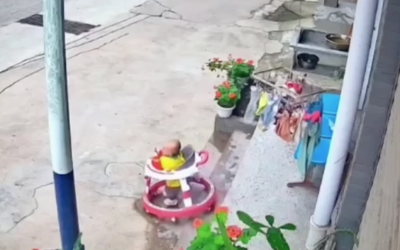 Die Großmutter bemerkte es nicht: Das Baby rannte auf einem Gehhilfen vom Haus weg - lustiges Video