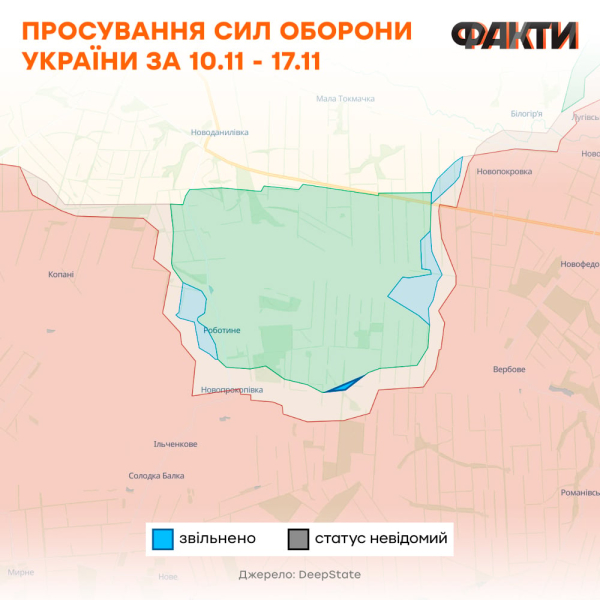 Erfolge der Streitkräfte der Ukraine am linken Ufer der Region Cherson, Vorbereitung der Russischen Föderation auf Angriffe zu kritischer Infrastruktur: Ereignisse an der Front im Laufe der Woche“ /> </p>
</p>
<h2><strong>Richtung Bachmut</strong></h2>
<p>Russische Truppen in Richtung Bachmut haben sich verstärkt, Übergang von der Verteidigung zu Angriffen. Der Feind versucht, verlorene Stellungen zurückzuerobern und sucht nach Schwachstellen in unserer Verteidigung.</p>
<p>Laut dem Leiter des PR-Dienstes des Kommandos der Bodentruppen der ukrainischen Streitkräfte, Wladimir Fitjo, könnte ein Anstieg der Zahl der Beschüsse in diese Richtung ein Hinweis auf die Pläne der Russischen Föderation für „weitere aktive Angriffsoperationen“ sein. #8221;.</p>
<p>Nach Angaben des Generalstabs der ukrainischen Streitkräfte setzen die ukrainischen Verteidigungskräfte ihre Angriffsoperationen südlich von Bachmut fort, fügen dem Feind Verluste an Arbeitskräften und Ausrüstung zu und festigen ihre Positionen auf dem Erreichten Zeilen.</p>
<p>Darüber hinaus weisen ISW-Analysten darauf hin, dass am 17. November veröffentlichte Geolokalisierungsaufnahmen zeigen, dass die ukrainischen Verteidigungskräfte von der südlichen Region Donezk nach Südosten vorgerückt sind. Das Dorf Juschnoje liegt 24 km nordwestlich von Bachmut.</p>
<p><p><img decoding=