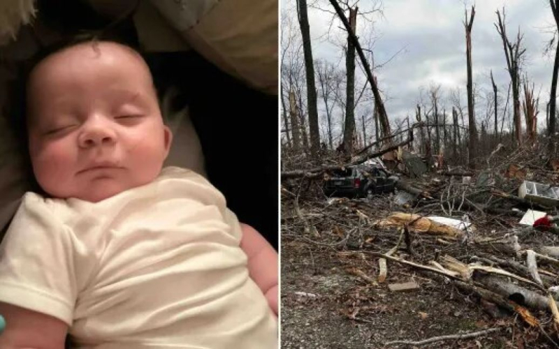 Ein vier Monate altes Baby, das von einem Tornado aus einem Haus geworfen wurde, wurde lebend auf einem Baum gefunden (Foto)