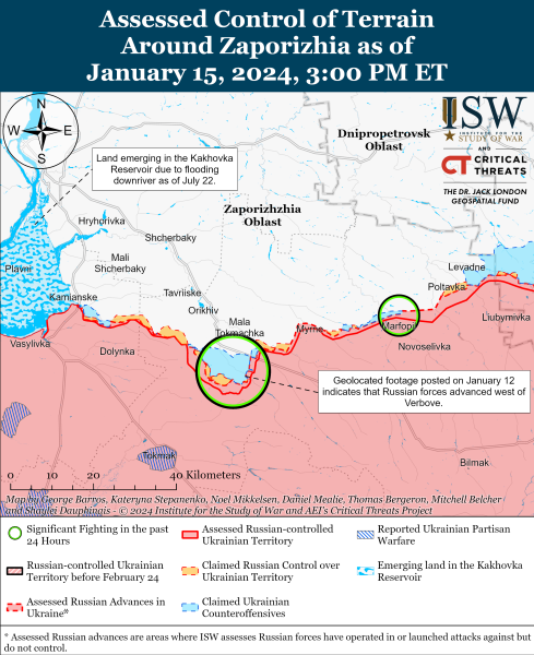 Karte der Militäreinsätze vom 16. Januar 2024 — Situation an der Front