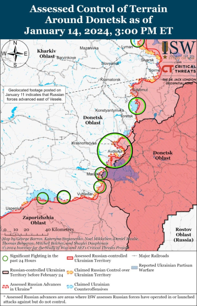 Karte der Militäreinsätze vom 15. Januar 2024 — Situation an der Front