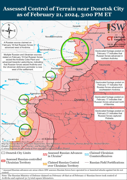 Karte der Militäreinsätze vom 22. Februar 2024 – Lage am der Vorderseite