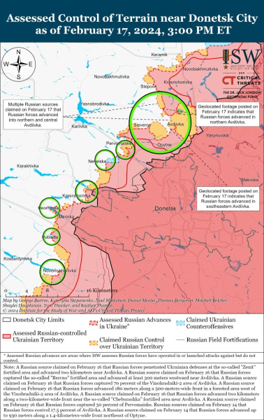 Karte der Militäreinsätze vom 18. Februar 2024 – Lage am der Vorderseite