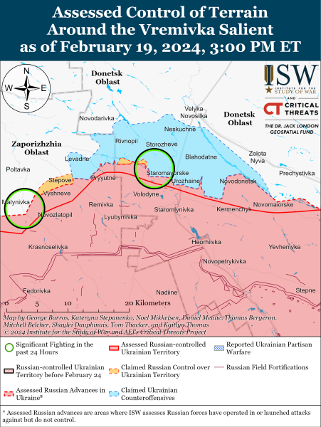 Karte der Militäreinsätze am 20. Februar 2024 - die Situation an der Front