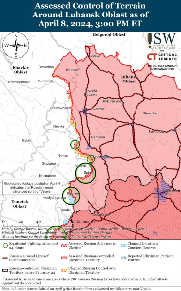 Karte der Militäreinsätze vom 09.04.2024 – Lage an der Front“/></p>
<p> <img decoding=