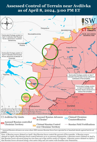 Karte der Militäreinsätze vom 09.04.2024 – Lage an der Front“/></p>
<p> <img decoding=