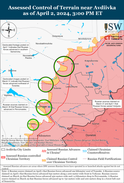 Karte der Militäreinsätze am 3. April 2024 – die Lage an der Front“ /></p>
<p>Foto: ISW</p>
<p><img decoding=