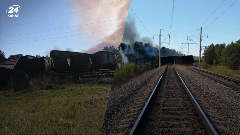 Fast 30 Waggons: In Russland entgleiste ein Güterzug und an Ort und Stelle brach ein großes Feuer aus