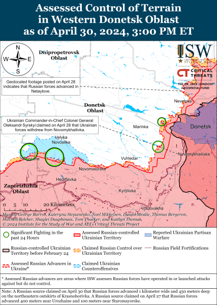 Karte der Militäreinsätze am 1. Mai 2024 – die Lage an der Front“ /></p>
<p>Foto: ISW</p>
<p><img decoding=