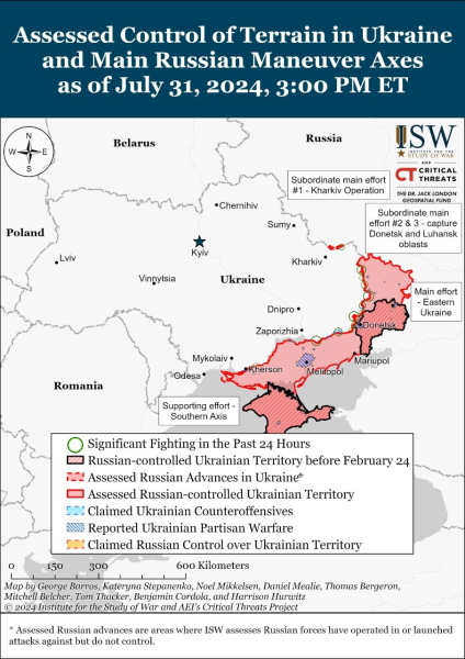 Karte der Militäreinsätze vom 1. August 2024 – Lage an der Front