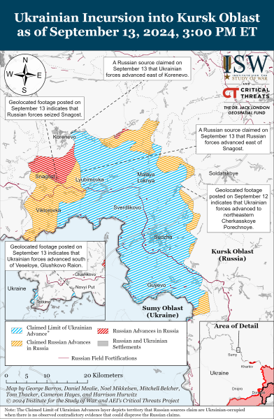 ISW bemerkte den Vormarsch der Streitkräfte der Ukraine in der Region Kursk und schätzte das Ausmaß der russischen Gegenoffensive ein Laut ISW zeigen Geolokalisierungsaufnahmen vom 12. und 13. September, dass die ukrainischen Verteidigungskräfte im Nordosten von Tscherkassy Porichny (nördlich von Sudscha) und im Bezirk Gluschkowsky vorgerückt sind — südlich von Vesely (südwestlich von Gluschkowo und drei Kilometer von der internationalen Grenze entfernt).</p>
<p>Jetzt beobachten sie </p>
<p>Und russische Quellen behaupten, dass die russische Armee angeblich das Dorf Snagost (südlich von Korenevoy) erobert hat.</p > p> </p>
<p>Der Krieg in vollem Umfang in der Ukraine dauert seit dem 934. Tag an.</p>
<p>Sie können die Situation in Städten auf der interaktiven Karte der Militäroperationen in der Ukraine und auf der Karte von verfolgen Luftangriffe in der Ukraine.</p>
</p></p>
<!-- relpost-thumb-wrapper --><div class=