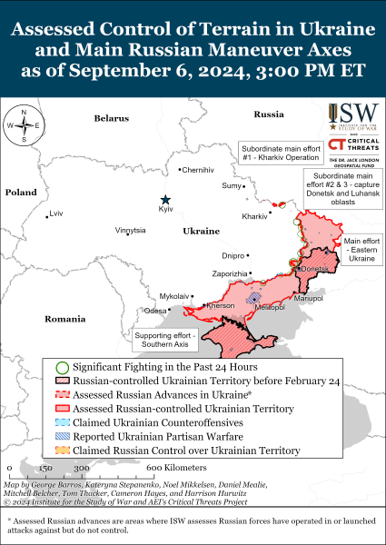 Karte der Militäroperationen für den 7. September 2024 – Situation an der Front „Kampfkartenaktionen am 7. September 2024 – Lage an der Front“ /></p>
<p>Foto: ISW</p>
<p><img decoding=