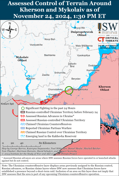 Karte der Militäreinsätze am 25. November 2024 – Lage an der Front“ /></p>
<h2>Die Lage in der Ukraine am 25. November 2024</h2>
<p><strong>Am Richtung Charkow</strong>Der Feind stürmte sechsmal die Stellungen unserer Truppen in der Nähe der Siedlungen Kosaken-Lopani, Tichoy und Woltschansk.</p>
<p><strong>In Richtung Kupjansk</strong> kam es tagsüber zu 14 Angriffen von Eindringlingen. Die Verteidigungskräfte wehrten feindliche Angriffsoperationen in der Nähe von Golubovka, Peschany, Lozovaya, Kruglyakovka, Novoosinovo, Kolesnikovka und Vishnevoy ab.</p>
<p><strong>In Richtung Liman</strong> griff der Feind 15 Mal an. Er versuchte, in unsere Verteidigungsanlagen in der Nähe der Siedlungen Novomlinsk, Kolesnikovka, Kruglyakovka, Senkovo ​​und Lozovaya einzudringen.</p>
<p><strong>In Richtung Kramatorsk</strong> griffen die Invasoren viermal in den Gebieten Chasovoy Yar und Stupochek an.</p>
<p><strong>In Richtung Torezk</strong> unternahm der Angreifer neun Versuche vorzurücken in den Gebieten Diliewka, Torezk und Schtscherbinowka erhielten eine Abfuhr.</p>
<p><strong>In Richtung Pokrowski</strong> griff der Feind seit Beginn dieser Tage 46 Mal in den Gebieten Mirolubowka, Lucha, Lisovka, Grigoryevka, Dachensky, Pustynka und Chumatsky.</p>
<p><strong>In Richtung Kurakhovsky</strong>Die Verteidigungskräfte wehrten 67 Angriffe ab. Die Besatzer versuchten am aktivsten, in der Nähe von Berestki, Sontsovka, Novodmitrovka, Zarya, Kurakhovo, Dalniy, Romanovka, Elizavetovka und Ganovka vorzurücken.</p>
<p><strong>In Richtung Vremevsky</strong> führte der Feind 14 durch Angriffe auf unsere Stellungen in den Gebieten Trudovoy, Novoselki und Makarovka. Aktive Bomberflugzeuge für Angriffe in die Richtung angezogen.</p>
<p><strong>In Richtung Dnjepr</strong>Vier erfolglose Versuche, Einheiten der Verteidigungskräfte aus ihren Stellungen zu vertreiben, endeten für die Invasoren erfolglos.</p>
<p><strong>Die Operation in der Region Kursk geht weiter.</strong> In den letzten 24 Stunden flogen russische Flugzeuge führte 37 Luftangriffe (49 Luftangriffe) auf russischem Territorium durch, ukrainische Verteidiger schlugen 25 Angriffe der Invasoren zurück.</p>
<p><strong>In Richtung Wolyn und Polesie</strong> gibt es Anzeichen einer Formation Es wurden keine offensiven feindlichen Gruppen entdeckt.</p>
<p><strong>An der Grenze zu den Regionen Tschernigow und Sumy</strong>Der Feind aus dem Territorium der Russischen Föderation setzt Artillerie und Luftfahrt in Gebieten ukrainischer Siedlungen ein.</p>
<h2>Verluste der Russischen Föderation am 25. November 2024</h2>
<ul>
<li>Personal ' 8212; ca. 732.350 (+1610);</li>
<li>Panzer — 9.429 (+6);</li>
<li>gepanzerte Kampffahrzeuge — 19.236 (+27);</li>
<li>Artilleriesysteme — 20.787 (+22;</li>
<li>Mehrfachraketenwerfersysteme — 1.254;</li>
<li>Luftverteidigungssysteme — 1.004;</li>
<li>Flugzeuge & #8212; 369;</li>
<li>Hubschrauber —</li>
<li>Drohnen auf operativer Ebene —</li>
<li>Marschflugkörper —</li>
<li>Schiffe (Boote) —</li>
<li>U-Boote —</li>
<li>Automobile und Tanker — — (+84);</li>
<li>Spezialausrüstung — — — </ul>
<p>Der Krieg in vollem Umfang ist in der Ukraine im Gange 1006 Jahre lang am Tag.</p>
<p>Die Lage in Städten kann auf der interaktiven Karte der Militäreinsätze in der Ukraine überwacht werden.</p>
</p>
</p>
</p >
<!-- relpost-thumb-wrapper --><div class=