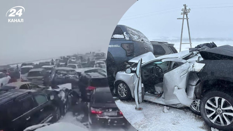 Fast hundert Autos auf einer verschneiten Autobahn: ein schwerer Unfall in Kasachstan