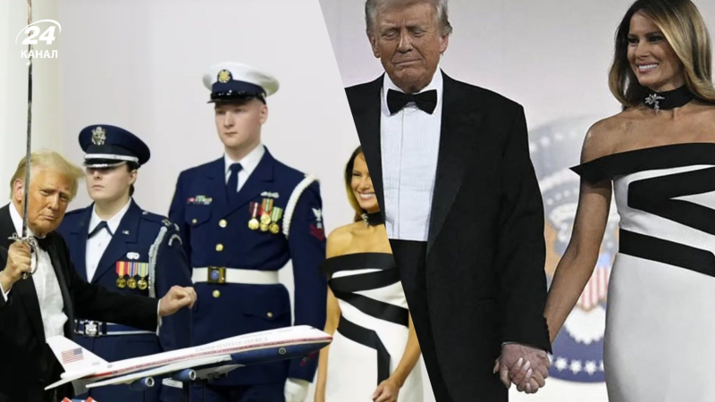 Trump spricht bei Commanders-in -Chief Ball und schneide den Kuchen mit einem Säbel