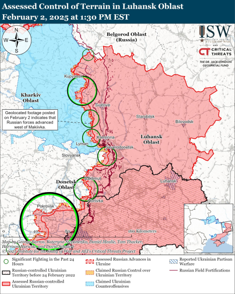 Karte der militärischen Operationen mit Stand 3. Februar 2025 – Lage an der Front